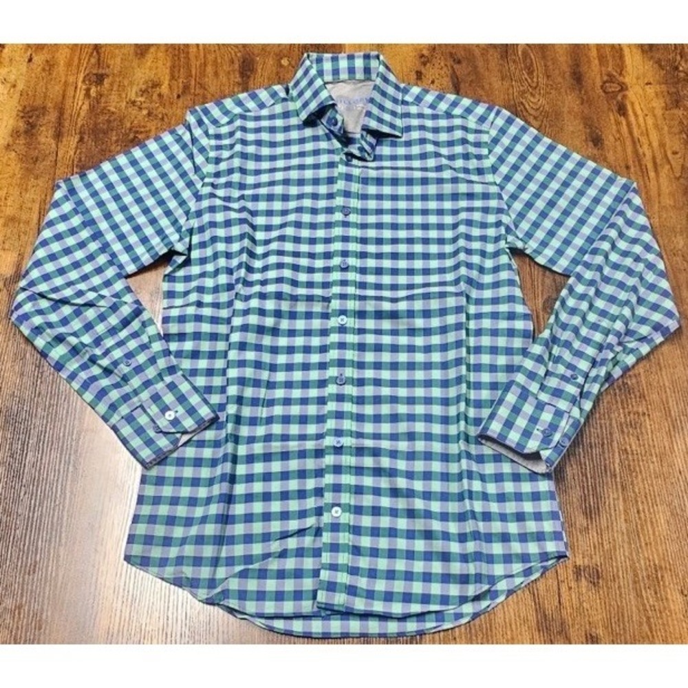Twillory Men's 15.5 Green Blue Button Up Plaid Performance Fabric Stretch Casual